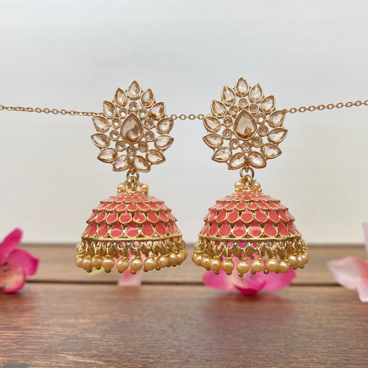 Leaf Top Meenakari Jhumka Earring in Pink