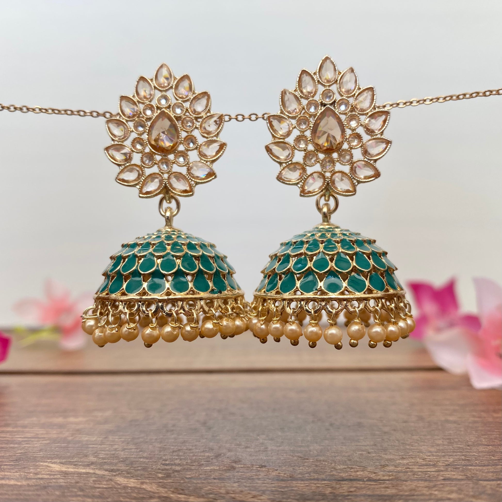 Leaf Top Meenakari Jhumka Earring in Teal