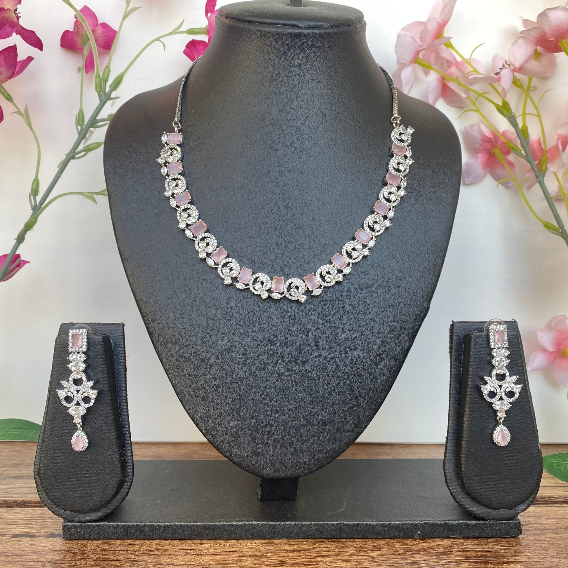 American Diamond Necklace Set in Baby Pink