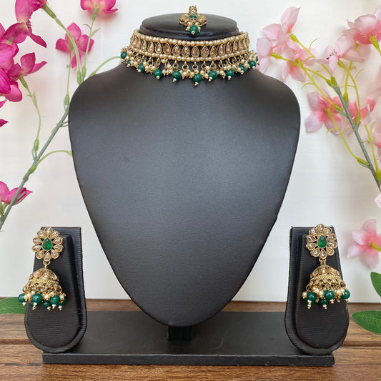 Indian Choker Necklace Set in Green