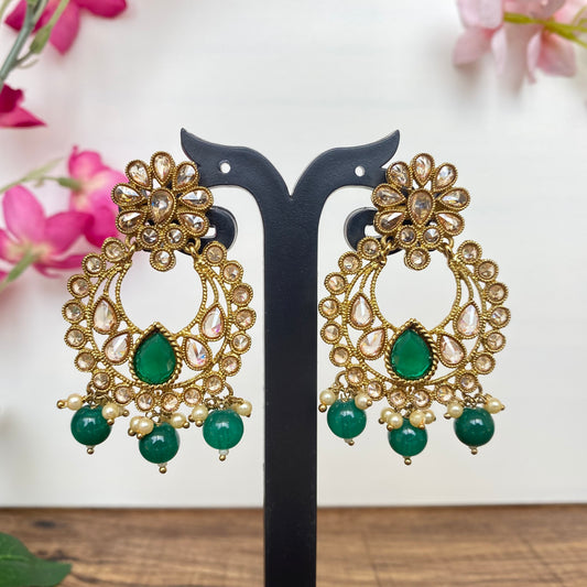 Three Drop Chandbali Earring in Green